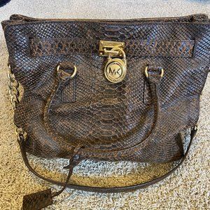 Michael Kors Hamilton Large Satchel - Python Mocha and Gold With Lock And Key